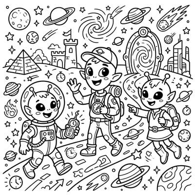 Embark on an intergalactic and historical adventure with our friendly alien time travelers! This delightful coloring page for kids is packed with cosmic wonders and ancient landmarks.