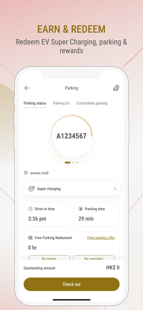 The Point by SHKP app parking status screen showing car details and parking duration