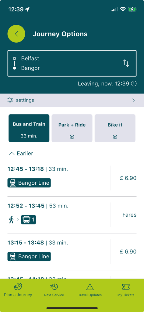 Translink Planner - Translink Planner app displaying public transport options and prices for a journey from Belfast to Bangor