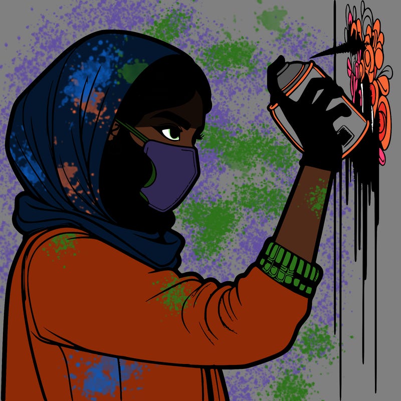 realistic girl with mask spray painting a wall