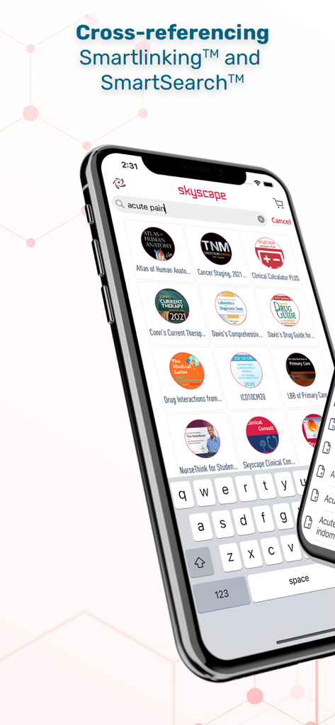 iPhone showing Skyscape Medical Library app search for acute pain with multiple medical resource icons