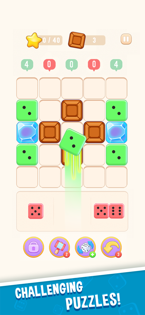 TENS! - TENS puzzle game screenshot showing strategic dice placement on a grid board with obstacles