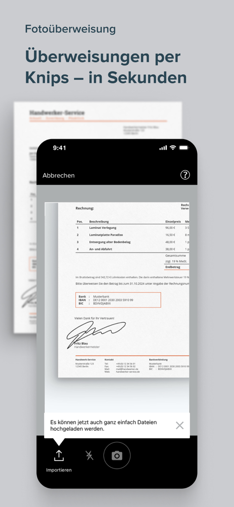 Consorsbank - Écran de smartphone de l'application Consorsbank affichant la fonction de transfert de photos pour la numérisation et le paiement des factures.