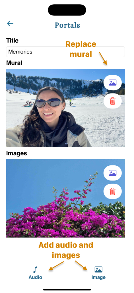 Interfaz de la aplicación Tandras que muestra cómo crear un portal de fotos con imágenes de murales y archivos de audio adjuntos