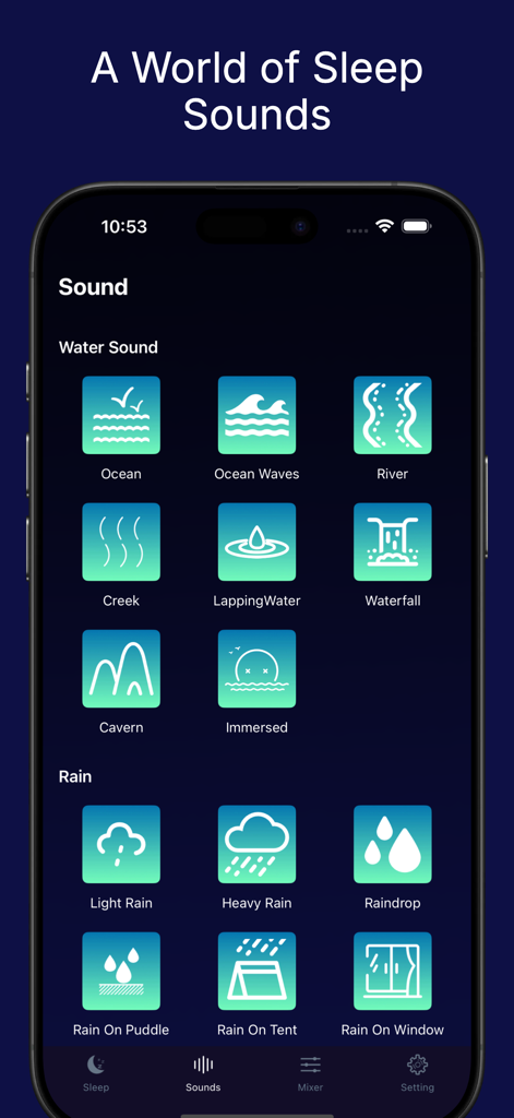 Daily Meditation Studio - Interface do aplicativo Daily Meditation Studio exibindo uma biblioteca de sons de sono da natureza e da água.