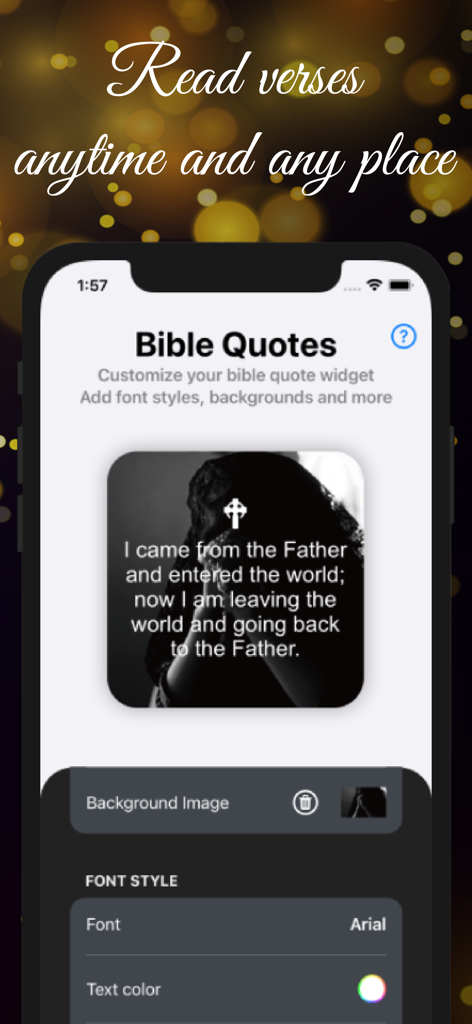 Interface of the Bible Quotes Widgets app showing font and background customization for a scripture verse widget