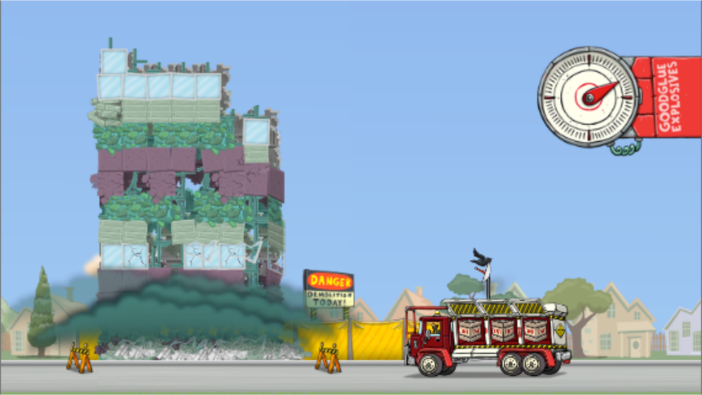 Gameplay screen of the Explosive Demolition Truck app featuring a building being demolished and a red truck