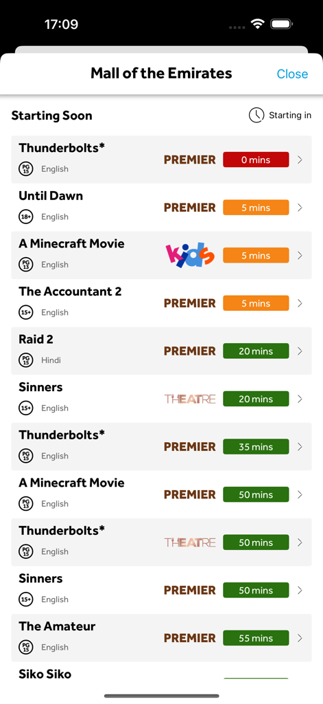 A screen from the VOX Cinemas app showing a list of movies starting soon at Mall of the Emirates with countdown timers and theater types