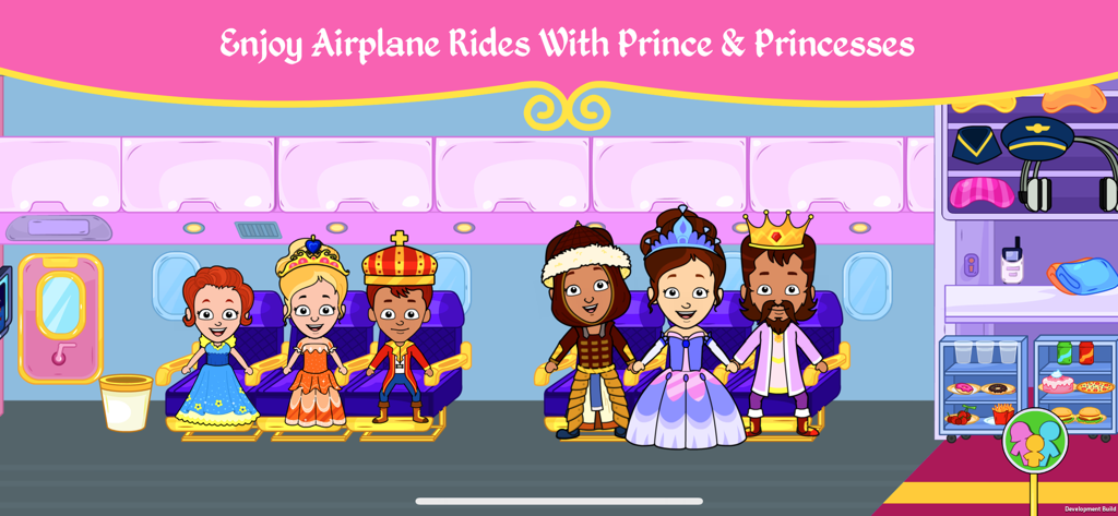 Prince and princess characters sitting on an airplane in Tizi Magic Princess Games