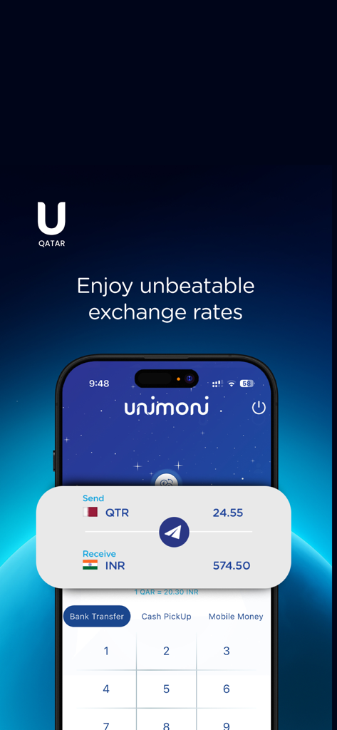 Unimoni Qatar - Interfaz de la aplicación Unimoni Qatar que muestra las tasas de cambio de divisas para transferencias de dinero internacionales
