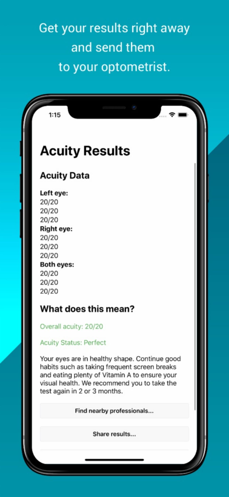 OcularCheck: Acuity Exam - Interface do aplicativo OcularCheck exibindo resultados de acuidade visual com visão perfeita de 20/20 para ambos os olhos