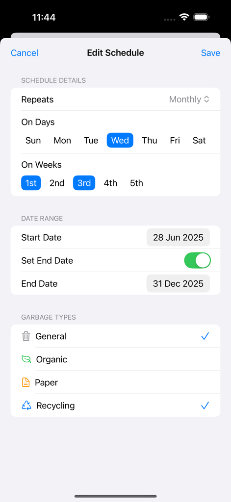 Garbage Pickup Calendar - Interface for editing a recurring monthly garbage collection schedule for multiple waste types