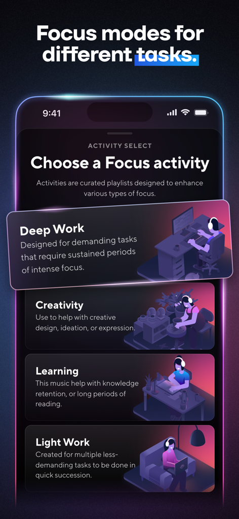 Brain.fm app screen showing focus mode options including Deep Work Creativity and Learning