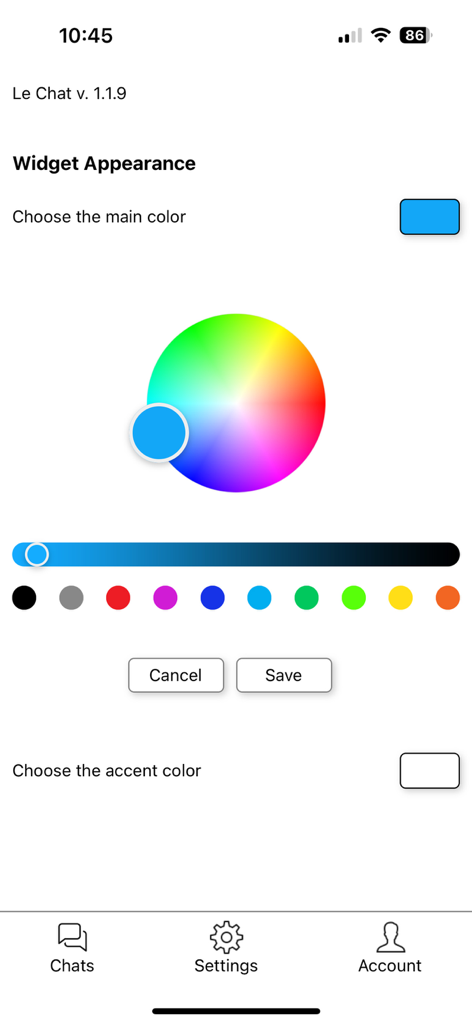 Le Chat Client - The widget appearance settings screen of Le Chat Client showing a color picker wheel