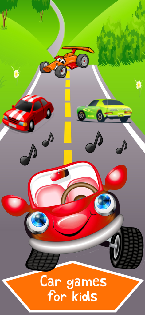 Car Match 2026 - Traffic Jam - A smiling red cartoon car driving on a road with other colorful vehicles and musical notes in a green landscape.