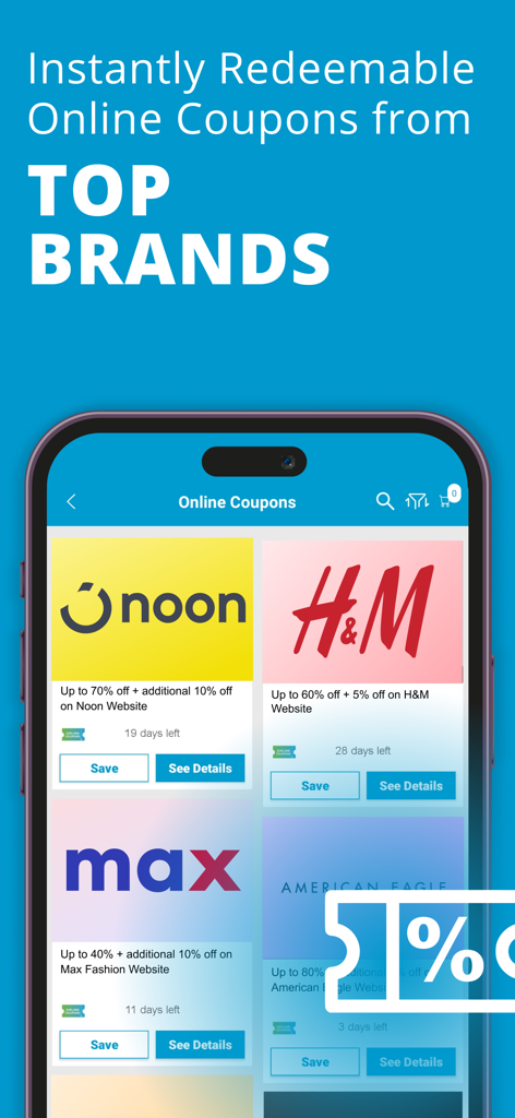 ClicFlyer: Weekly Flyer & Deal - The ClicFlyer app showing instantly redeemable online coupons from top brands like Noon, H and M, Max, and American Eagle.