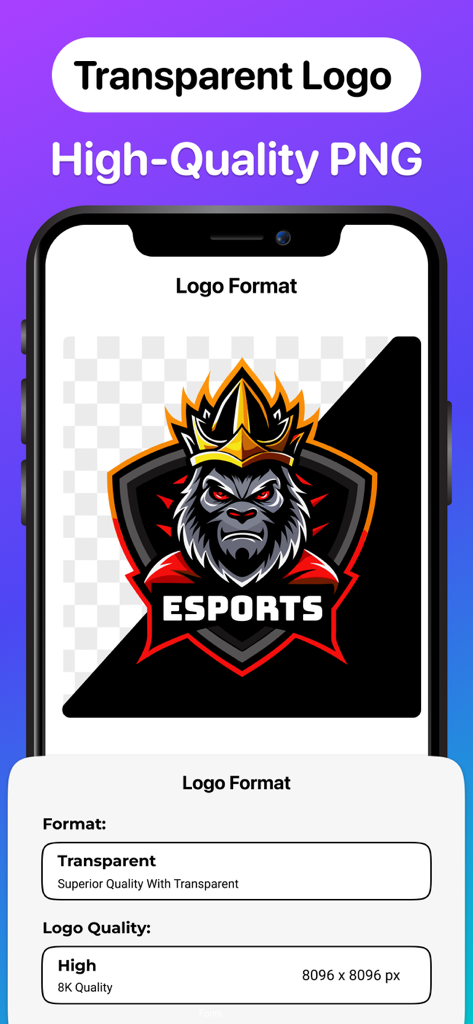 Logo Maker and AI Logo Creator - Pantalla móvil mostrando la configuración de exportación de PNG transparente para un logo de gorila de esports de alta calidad.