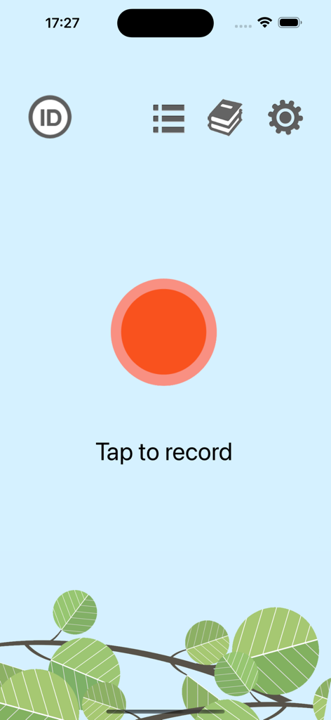 ChirpOMatic Caribbean - Main interface of the ChirpOMatic Caribbean app featuring a large red recording button for bird identification