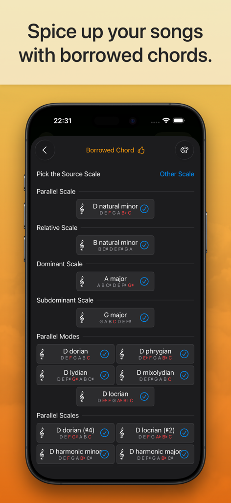 Suggester 2 : Chords & Scales - Suggester 2 Mobile App-Bildschirm mit Optionen für ausgeliehene Akkorde und parallele Tonleitern