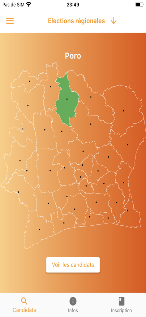 Mobile application interface displaying a regional election map of Ivory Coast with the Poro region highlighted.