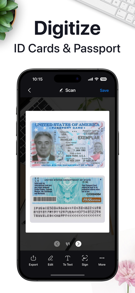 Easy Scanを使用して米国パスポートカードのデジタル化を表示するモバイルアプリインターフェイス