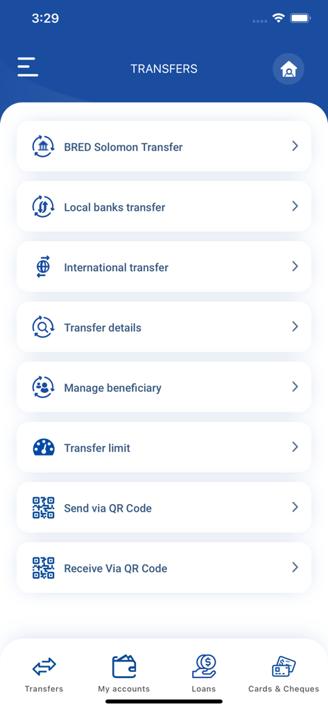 BRED Solomon Connect mobile app transfers screen with local and international transfer options