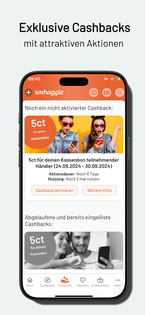 smhaggle - Smhaggle app screen showing exclusive cashback rewards and promotions for grocery shopping receipts.