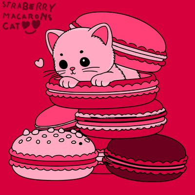 a kitten popping out of a stack of pastel macarons