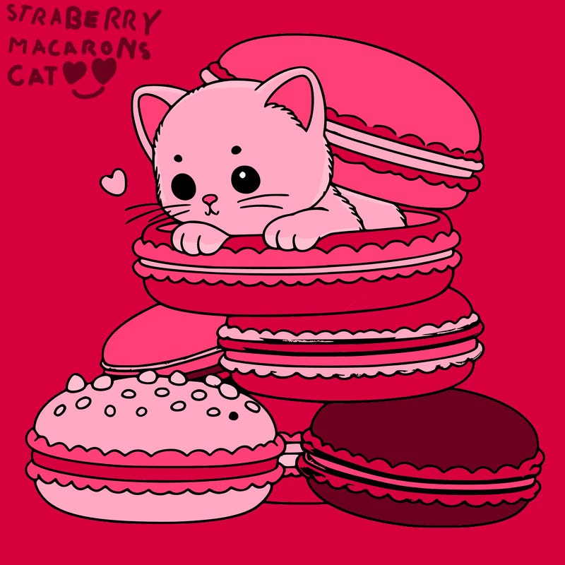 a kitten popping out of a stack of pastel macarons