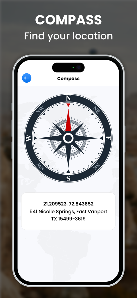 Tela do iPhone exibindo uma ferramenta de bússola digital com coordenadas precisas de latitude e longitude e um endereço físico no Texas.