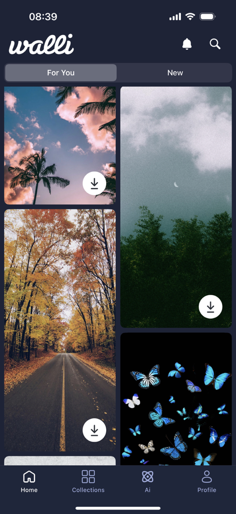 Walli app home screen displaying a curated selection of aesthetic 4K wallpapers including nature and amoled themes.