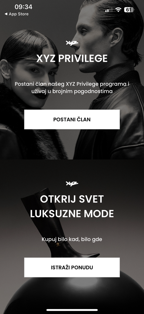 정교한 흑백 미학을 특징으로 하는 특권 회원 프로그램과 럭셔리 패션 컬렉션을 보여주는 XYZ 패션 스토어 앱 화면