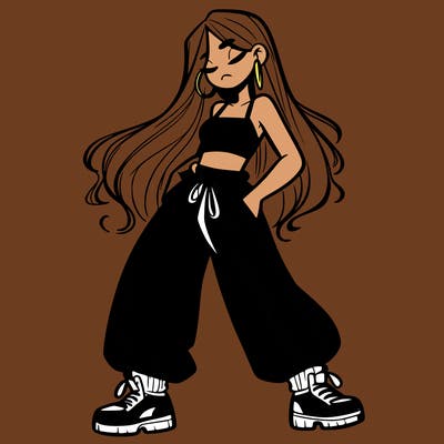 girl in baggy pants crop top and long hair