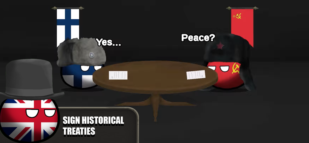 Countryball: World 1930 - Countryballs representing Finland and the USSR negotiate a peace treaty at a table with the UK in the foreground.