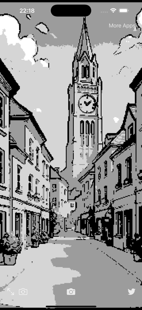 8bit Boy's Pocket Game Camera - Black and white pixelated 8-bit street scene with a clock tower