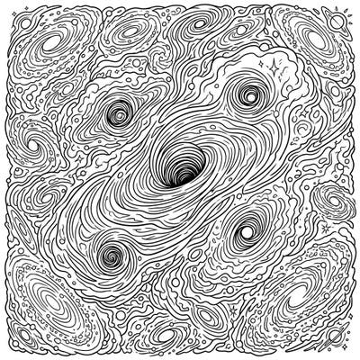 Embark on an extraordinary coloring adventure exploring the mysterious depths of Primordial Black Holes. This intricate design invites you to bring the vastness of the early universe to life with your favorite colors.