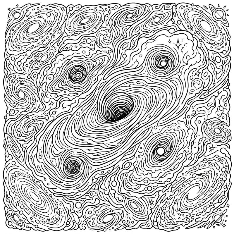 Embark on an extraordinary coloring adventure exploring the mysterious depths of Primordial Black Holes. This intricate design invites you to bring the vastness of the early universe to life with your favorite colors.