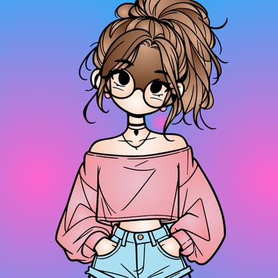 girl with a messy ponytail glasses a baggy crop top and jean shorts