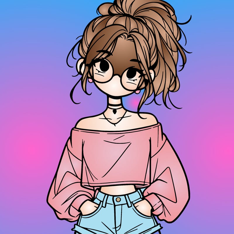 girl with a messy ponytail glasses a baggy crop top and jean shorts