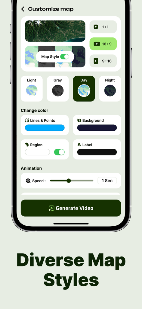 Interface do aplicativo para personalizar estilos de mapa de viagem e velocidade de animação