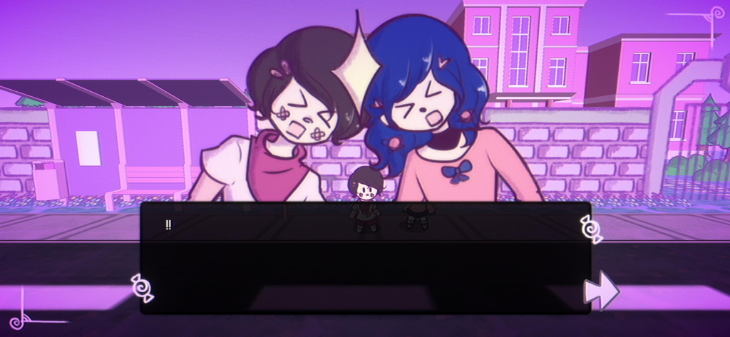 Sundy Stairway - Personajes estilizados y un cuadro de diálogo en una escena de tono púrpura del juego Sundy Stairway