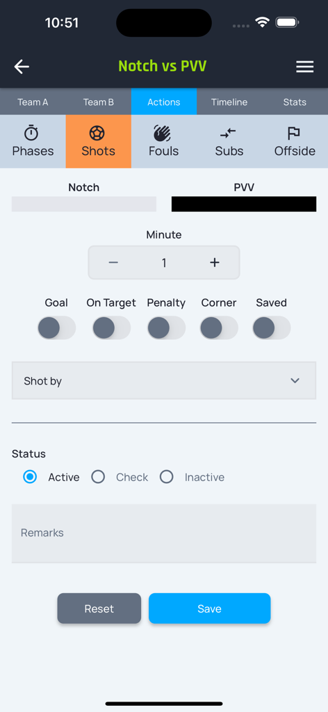 SML Manager - SML Manager app interface for tracking soccer match shots including goal on target and penalty options