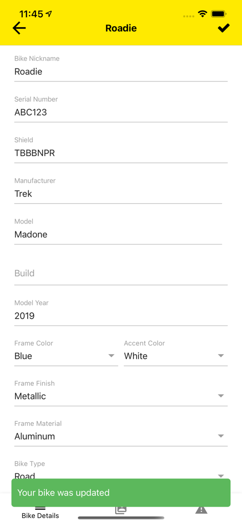 529 Garage - Bicycle registration form in 529 Garage app with fields for serial number and model