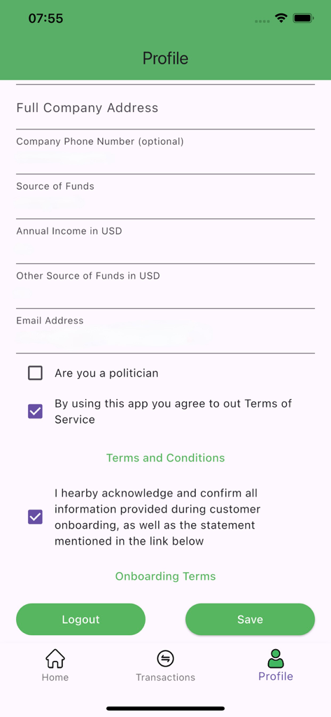 MOL-Pay - MOL-Pay mobile app profile page showing user information fields for address and income along with compliance checkboxes for terms and conditions