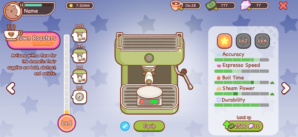 Interface from Good Coffee Great Coffee game showing an espresso machine upgrade screen with stats for accuracy speed and steam power