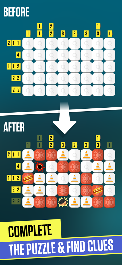 CRIMO - Before and after comparison of a logic puzzle grid in the CRIMO murder mystery game
