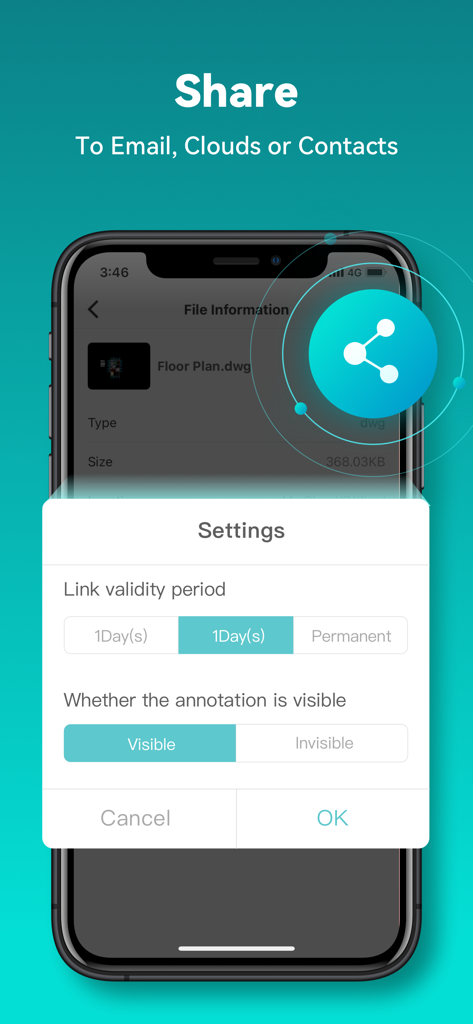 Interfaccia che mostra le impostazioni di condivisione per un file CAD, inclusa la validità del link e le opzioni di visibilità delle annotazioni