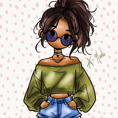 girl with a messy ponytail glasses a baggy crop top and jean shorts