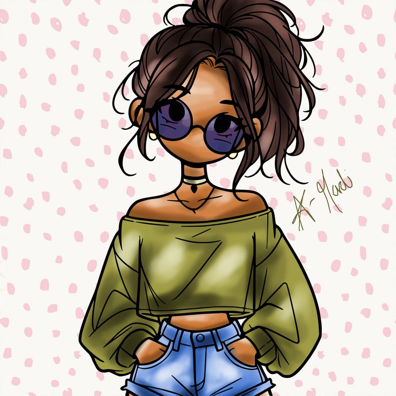 girl with a messy ponytail glasses a baggy crop top and jean shorts