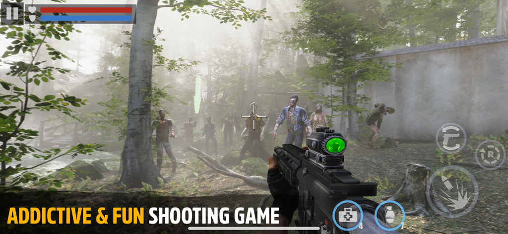 First person shooter gameplay in Dead Target showing a rifle aiming at zombies in a forest
